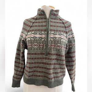 Vintage Woolrich Lambswool Fair Isle Sweater Red green half zip petite Medium